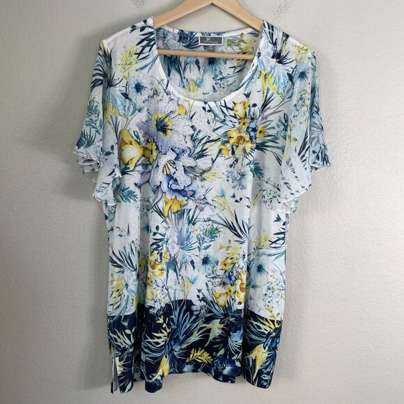 JM Collection Womens Plus 2X Floral Short Flutter Sleeve Blouse Tunic Top Shirt - Picture 6 of 10